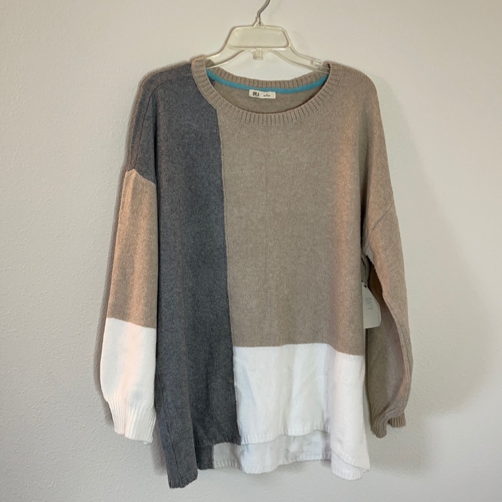 OVLA Block Gray White Tan Long Sleeves Sweater Size 1X NWOT